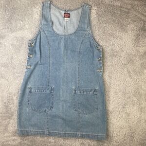 No Excuses Jumper Dress Womens M Blue Denim Mini Pinafore Side Button Pocket
